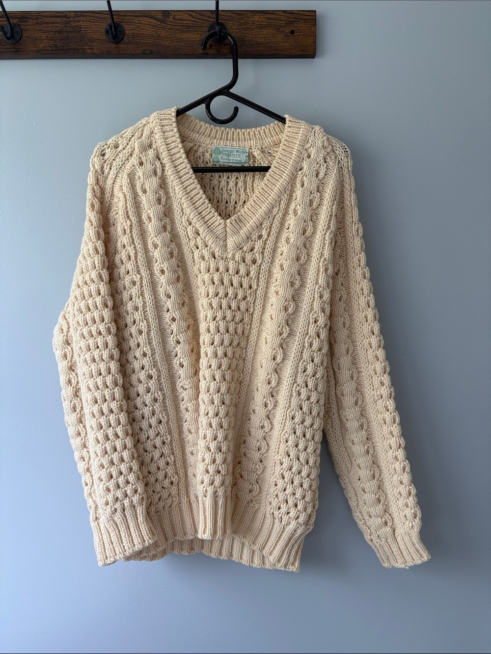 Irish Wool Classic Cable Knit V-Neck Sweater — Cream